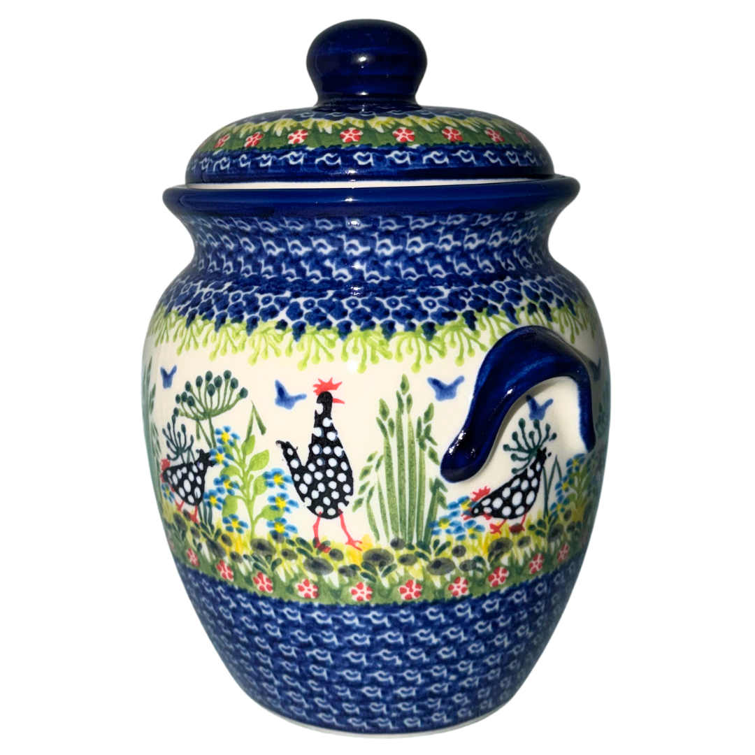 Ceramika Kalich Pattern 950 Polka Chicken Polish pottery with hand-painted hens and floral garden design.