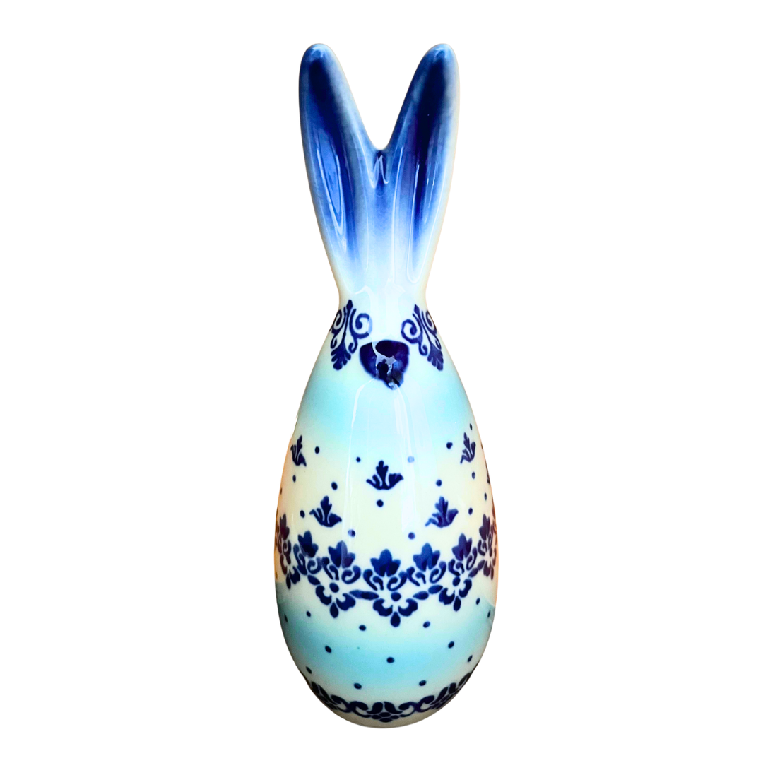 5.75" Polish pottery bunny by Kaola, hand-painted in cobalt & aqua, signed A K. Glossy, durable, collectible ceramic figurine.