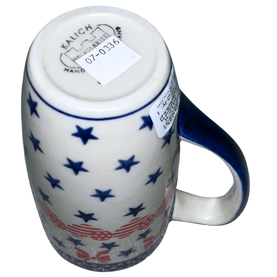 Ceramika Kalich Stars & Stripes features red, white and blue stars with patriotic heart motifs and cobalt accents. Hand-painted Polish pottery handcrafted in Poland.