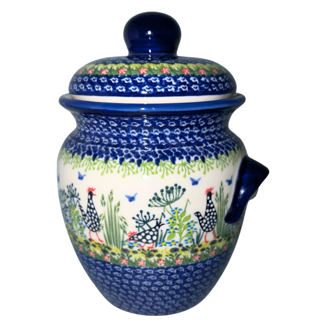 Ceramika Kalich Pattern 950 Polka Chicken Polish pottery with hand-painted hens and floral garden design.