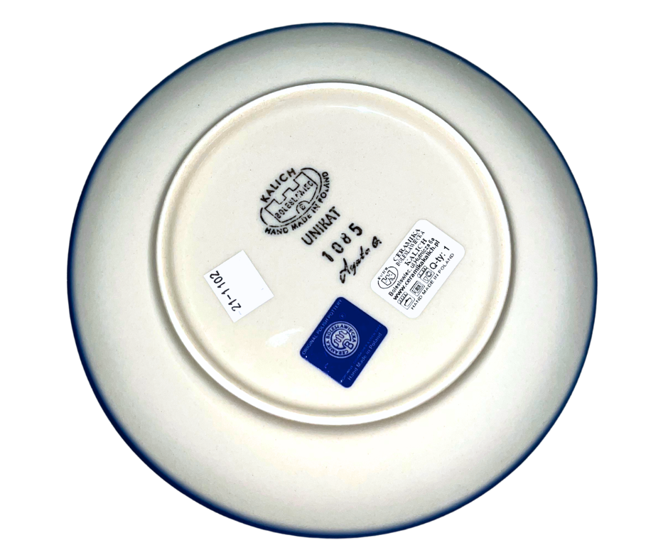 Ceramika Kalich Pattern 1085 Summer Strawberries Polish pottery with hand-painted strawberries, blossoms, and butterfly. Authentic Bolesławiec stoneware, dishwasher, microwave, and oven safe.