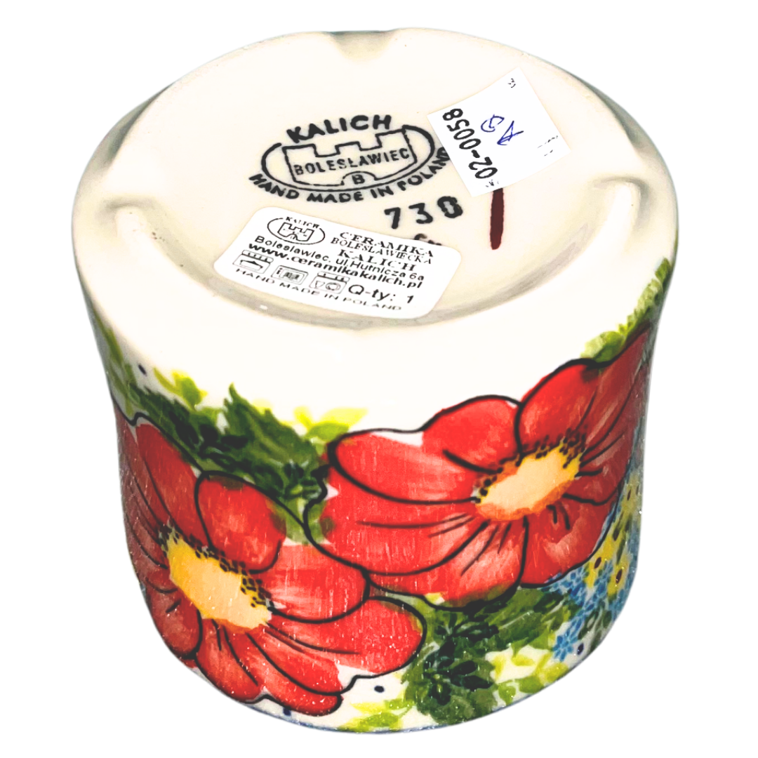 Kalich Polish Pottery Pattern 730 Red Poppy Garden, hand-painted red floral design with green foliage and cobalt accents, Bolesławiec stoneware, durable, dishwasher and microwave safe.