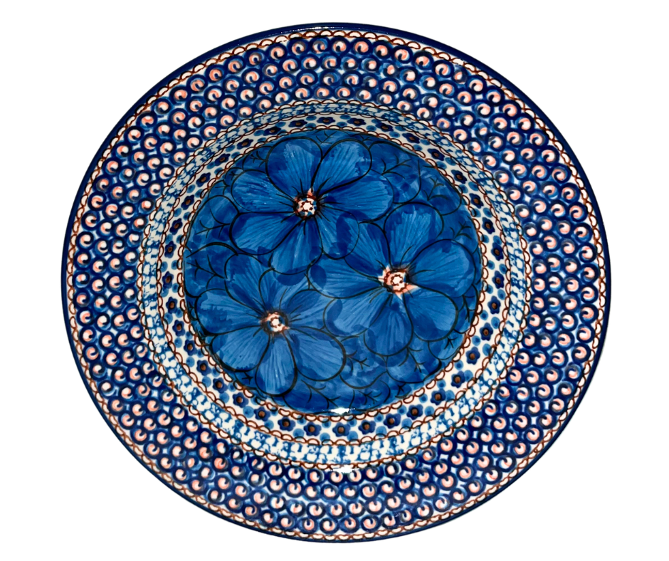 Ceramika Artystyczna U408C Polish Pottery 9 inch Soup Pasta Rimmed Bowl. J Chyla Cobalt Poppies
