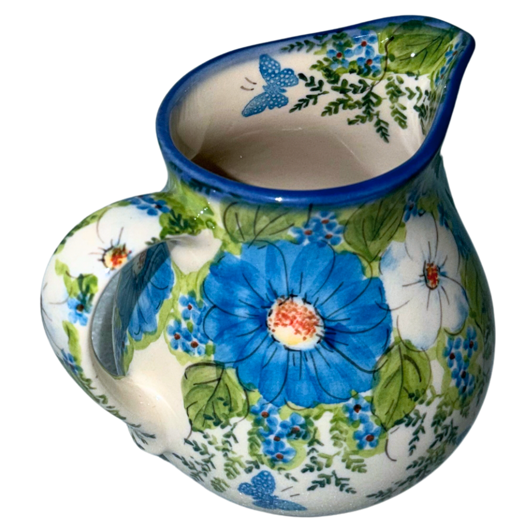 KALICH Polish Pottery 24 oz Kubus Pitcher Pattern 1067 Blue Garden & Butterflies
