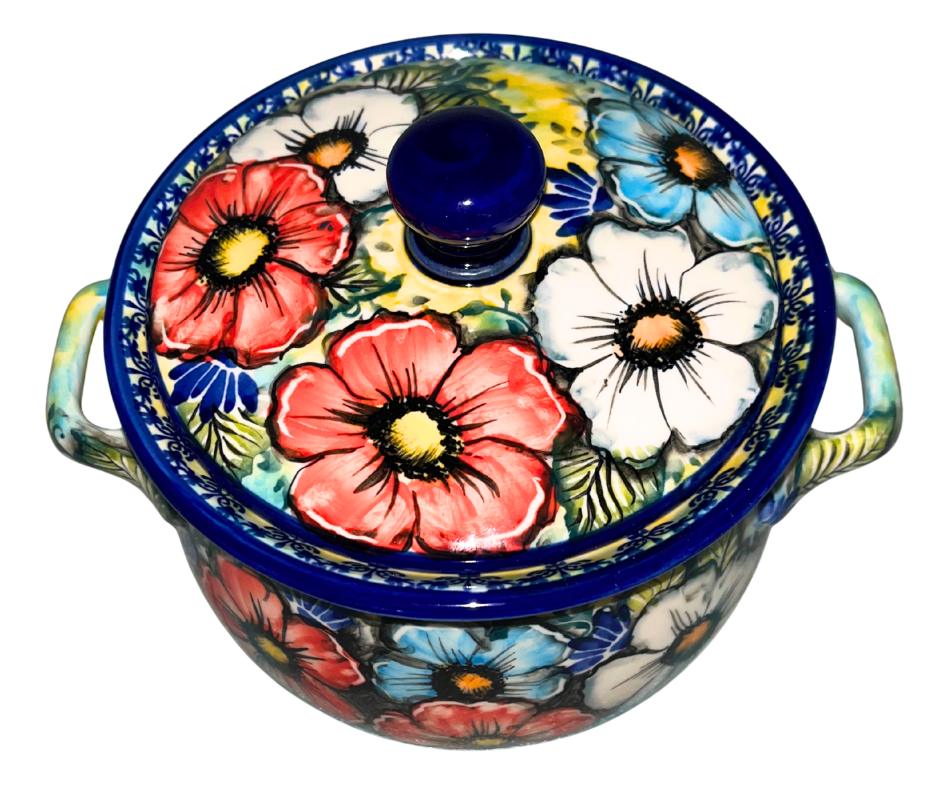 Limited Edition 2025 Kaola Polish Pottery container jar, hand-painted and signed by Aga K. Features vibrant red, white, and blue floral design. Handmade in Poland.