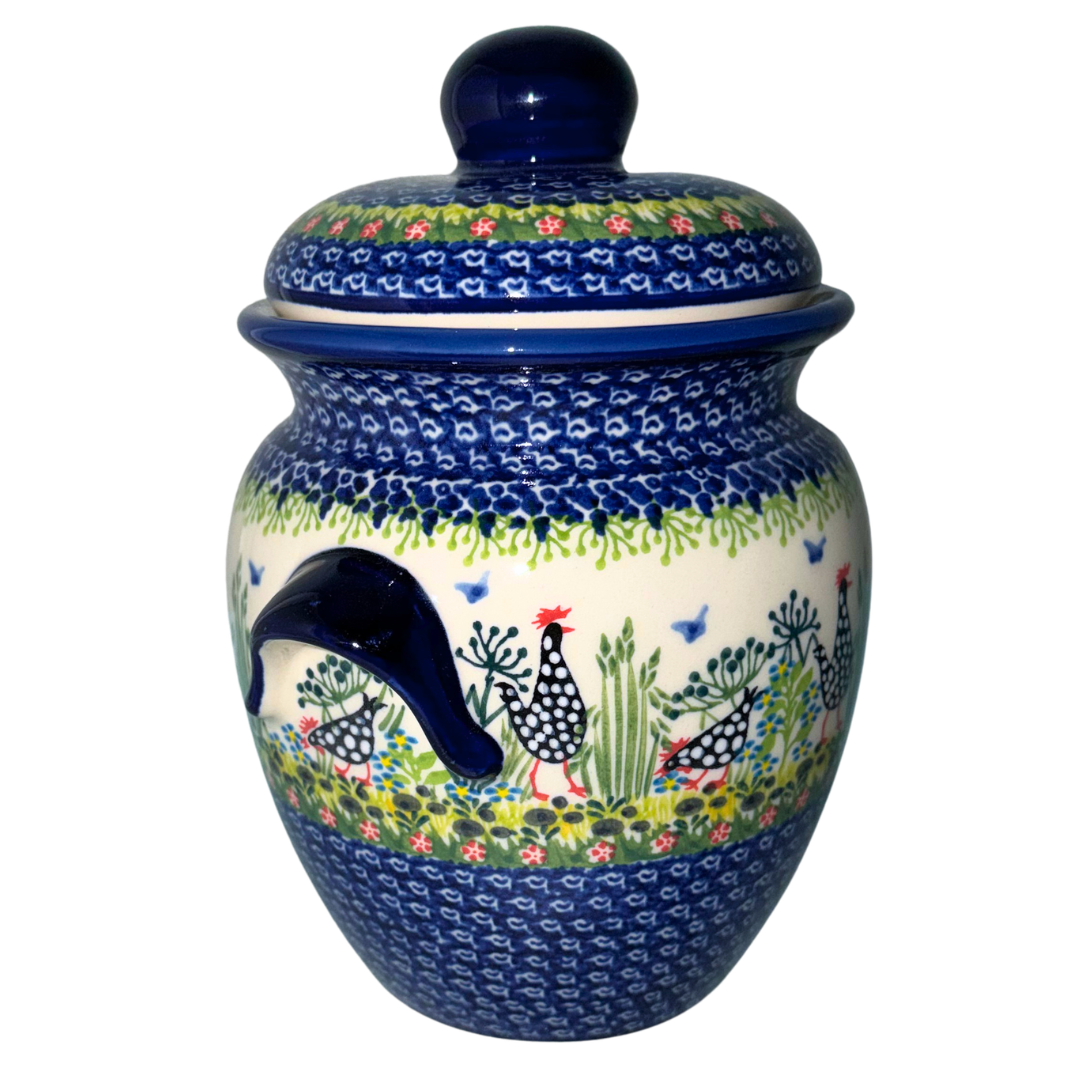 Ceramika Kalich Pattern 950 Polka Chicken Polish pottery with hand-painted hens and floral garden design.