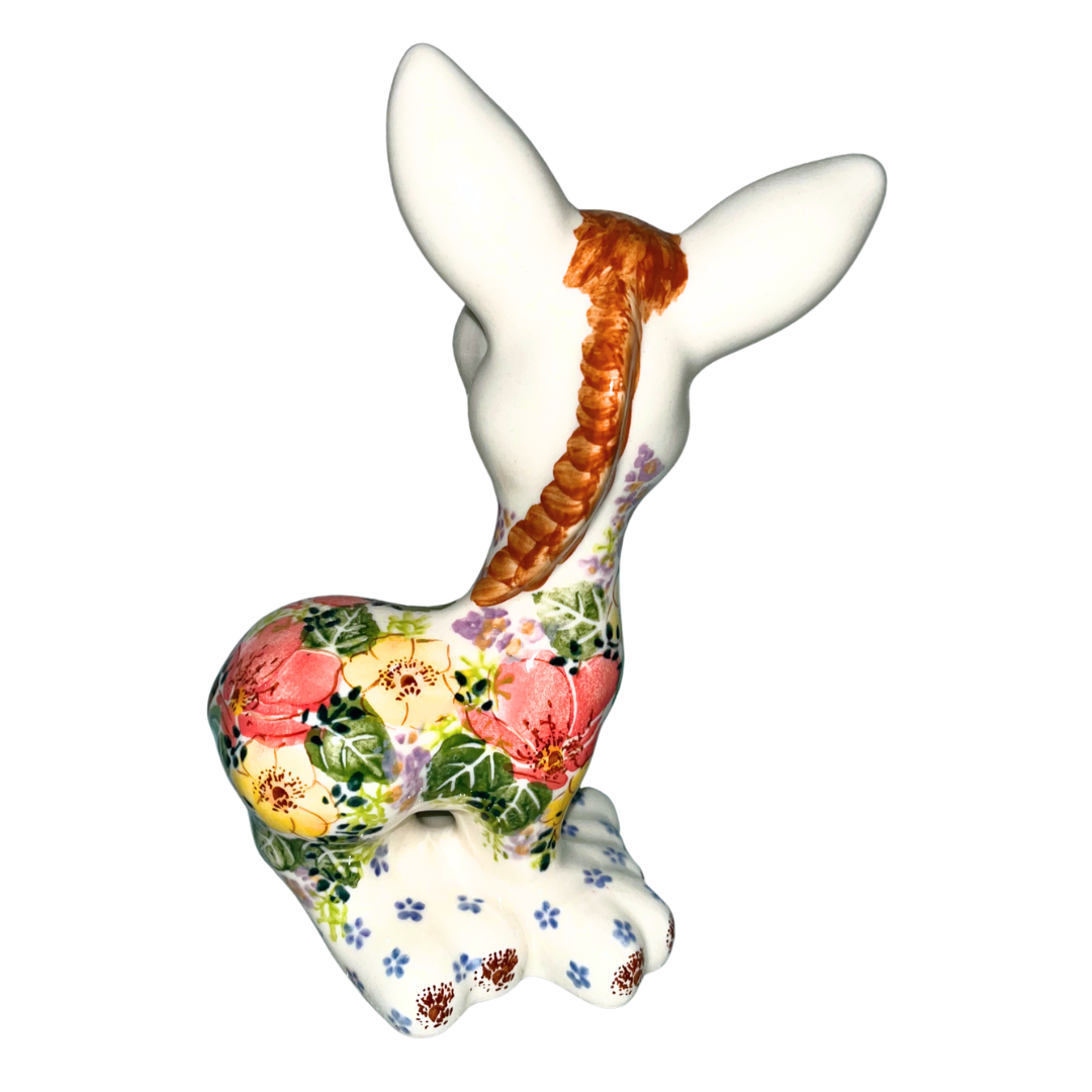 8" Ceramika Kalich donkey figurine, hand-painted Polish pottery with coral & yellow floral design. Glossy ceramic decorative collectible with whimsical folk art charm.