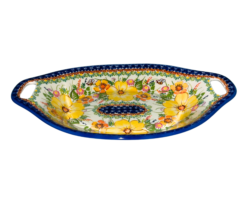 Kalich Polish Pottery 816 Golden Blossom Bee with yellow-apricot flowers, bee accents, and green foliage, framed by cobalt rim and detailed borders; hand-painted warm floral garden design.