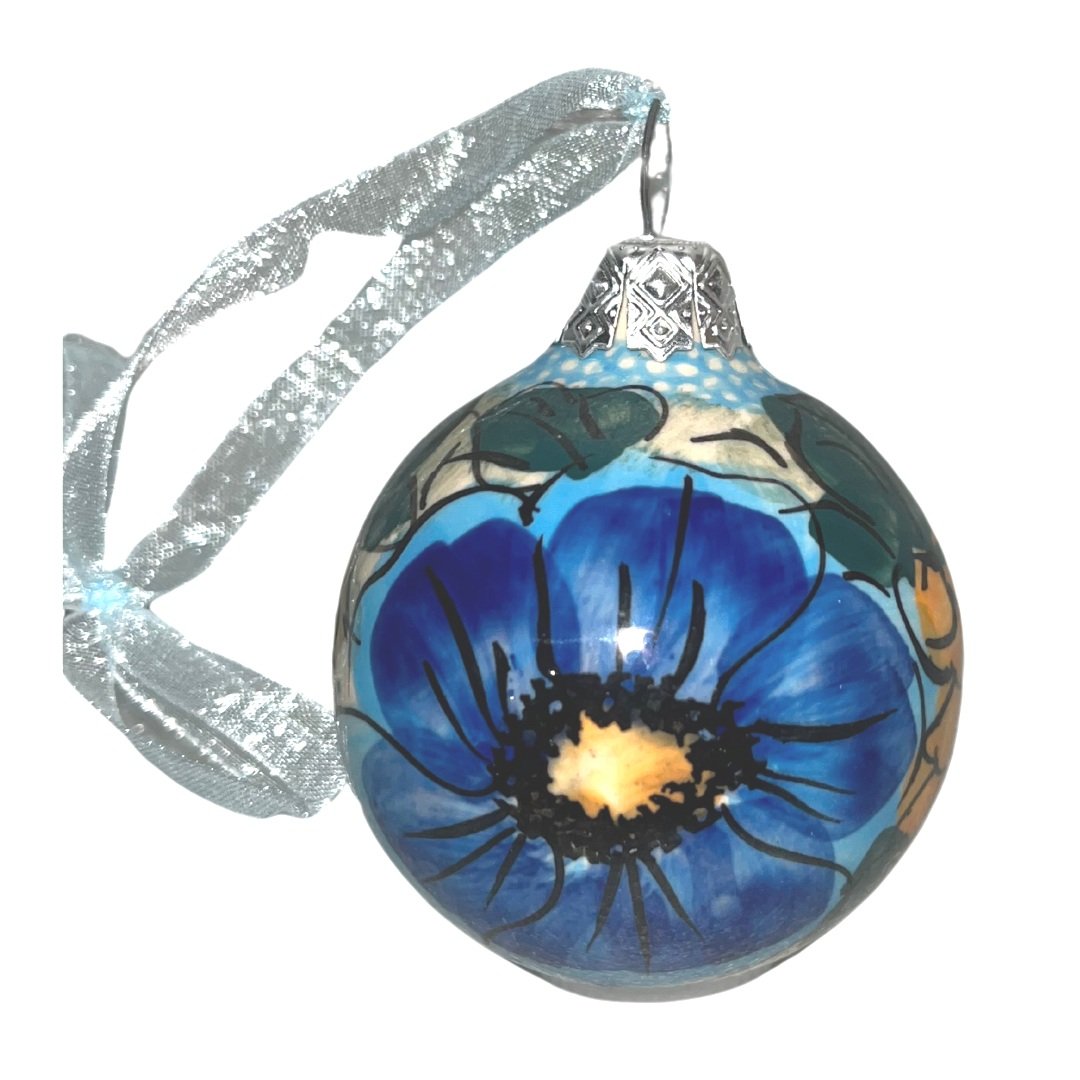 vena polish pottery round christmas ornament blue flower