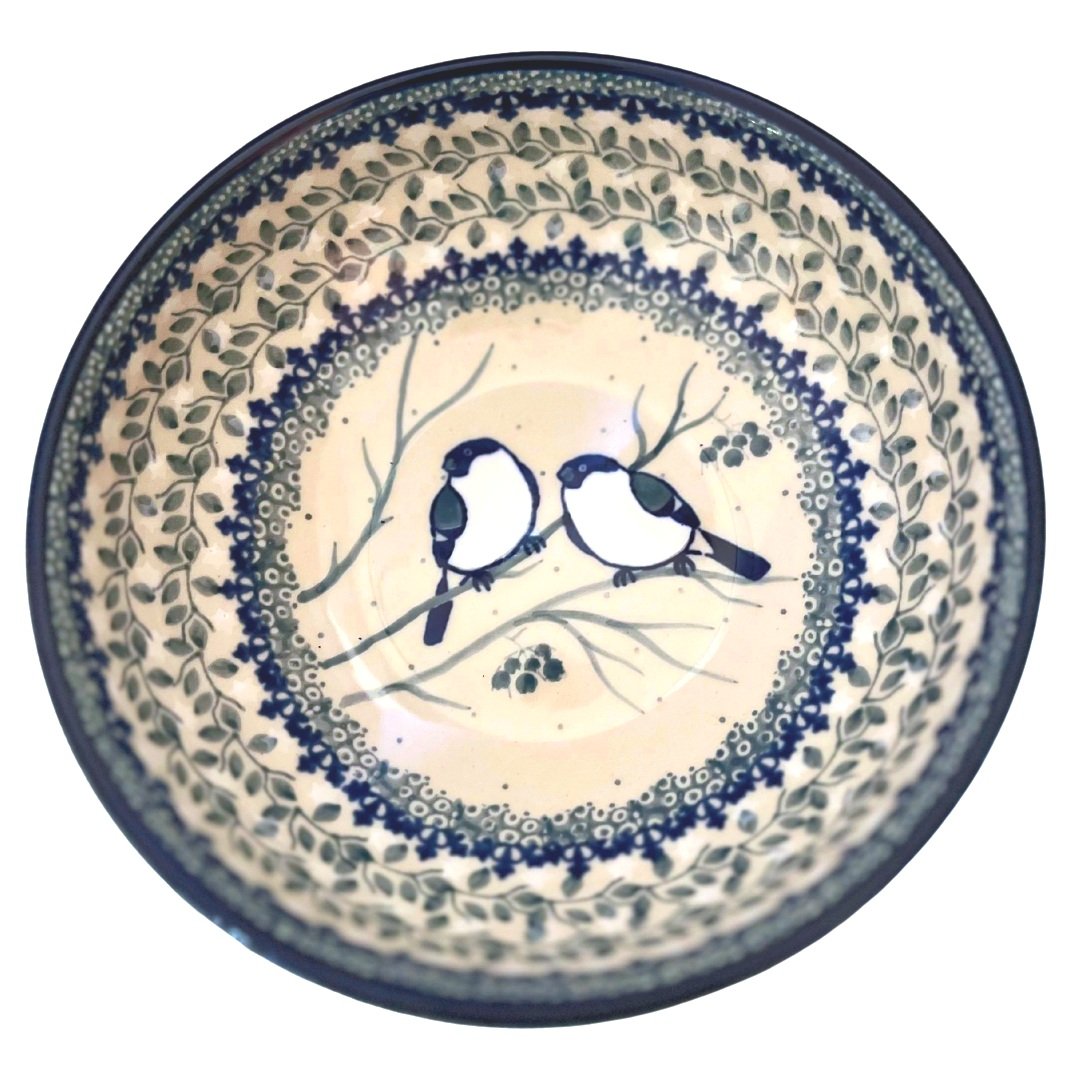 ca u4830 polish pottery 6.75 inch soup salad bowl bullfinch on blue
