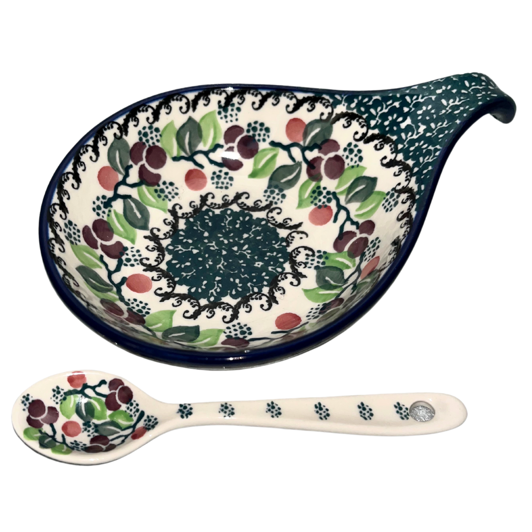 ca 1415x polish pottery spoon rest condiment bowl with spoon burgundy berries