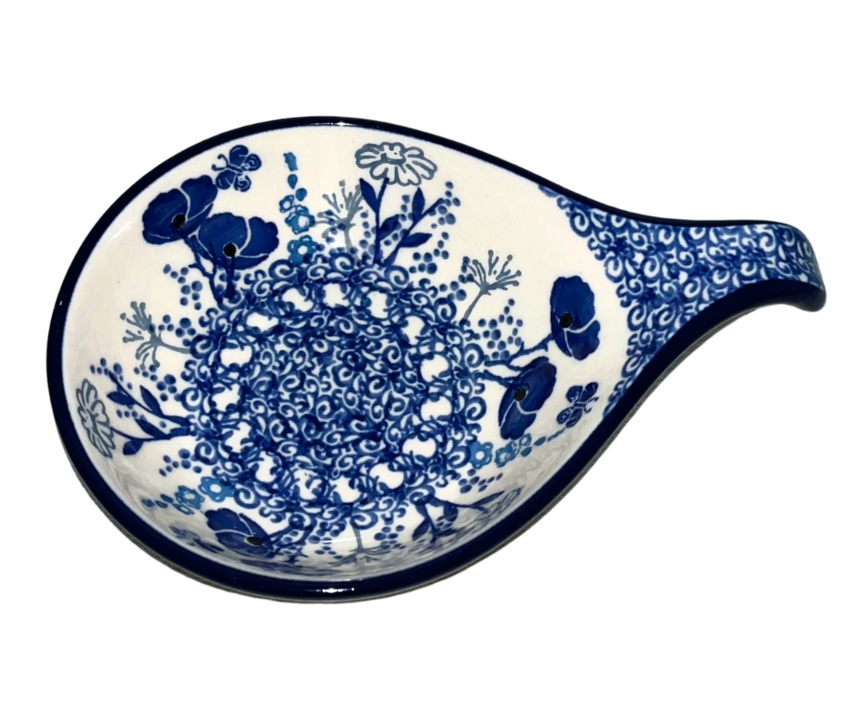 Hand-painted Polish stoneware in Pattern 2902X Evening Poppy. Deep cobalt florals with intricate scrollwork. Durable, dishwasher, microwave, oven and freezer safe.