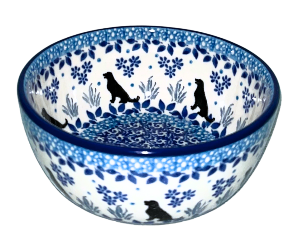 Handmade Polish pottery bubble mug featuring dog silhouettes and blue floral motifs. Pattern 2856X “Buddy” by Ceramika Artystyczna—durable, dishwasher and microwave safe.