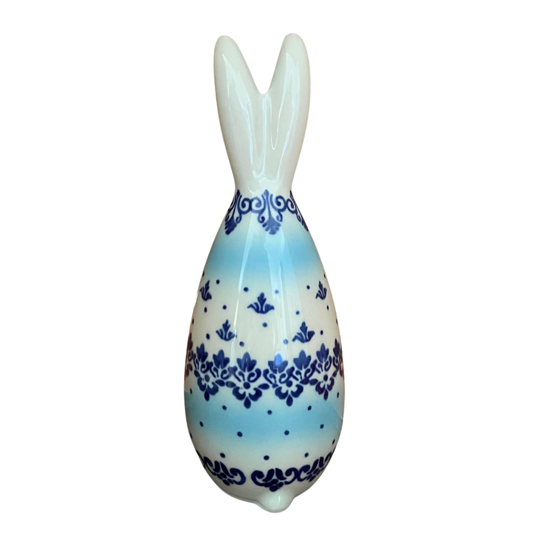 5.75" Polish pottery bunny by Kaola, hand-painted in cobalt & aqua, signed A K. Glossy, durable, collectible ceramic figurine.