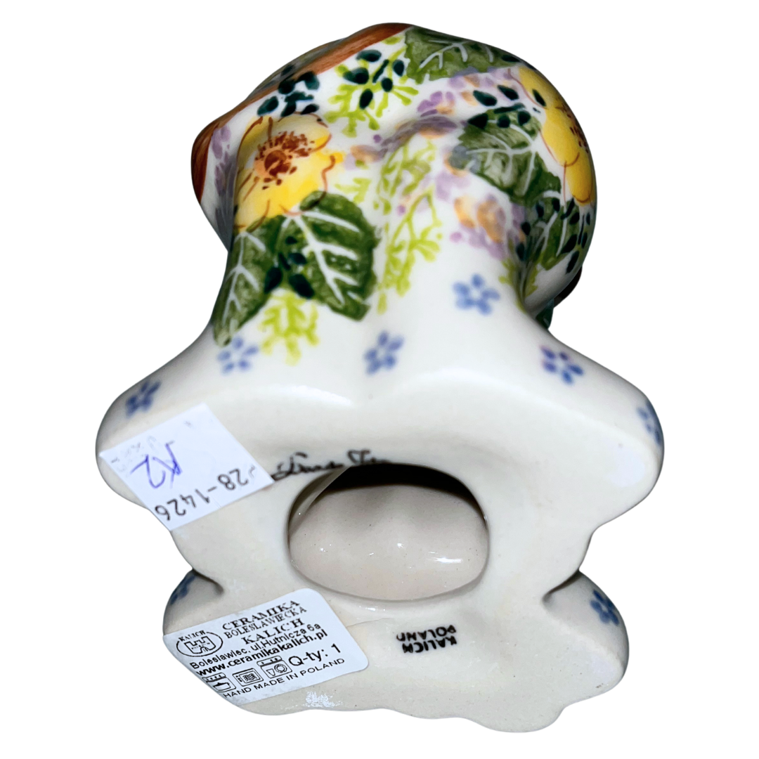 8" Ceramika Kalich donkey figurine, hand-painted Polish pottery with coral & yellow floral design. Glossy ceramic decorative collectible with whimsical folk art charm.