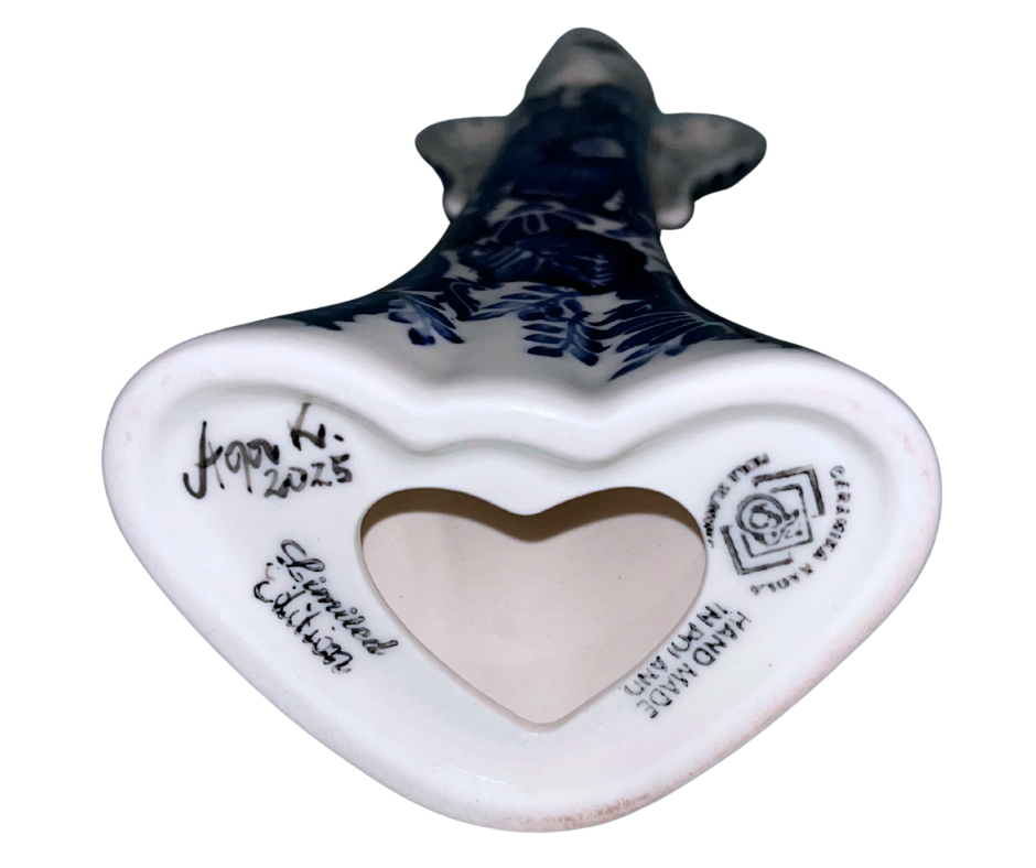 9.75" hand-painted Kaola angel in cobalt poppies, signed and dated 2025 by Aga K. Handmade in Bolesławiec, Poland.