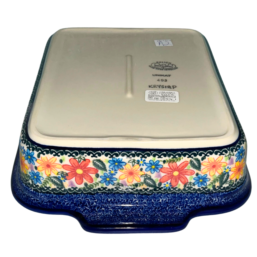 Handmade Ceramika Kalich Pattern 403 Valencia Polish Pottery featuring vibrant floral artwork. Durable stoneware that is oven, microwave, and dishwasher safe.