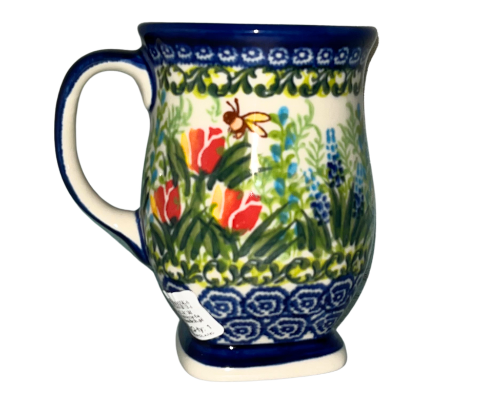 Kalich Polish Pottery Pattern 700 Tulips & Bees, hand-painted floral and bee design with cobalt accents, Bolesławiec stoneware, durable, dishwasher and microwave safe, spring garden theme.