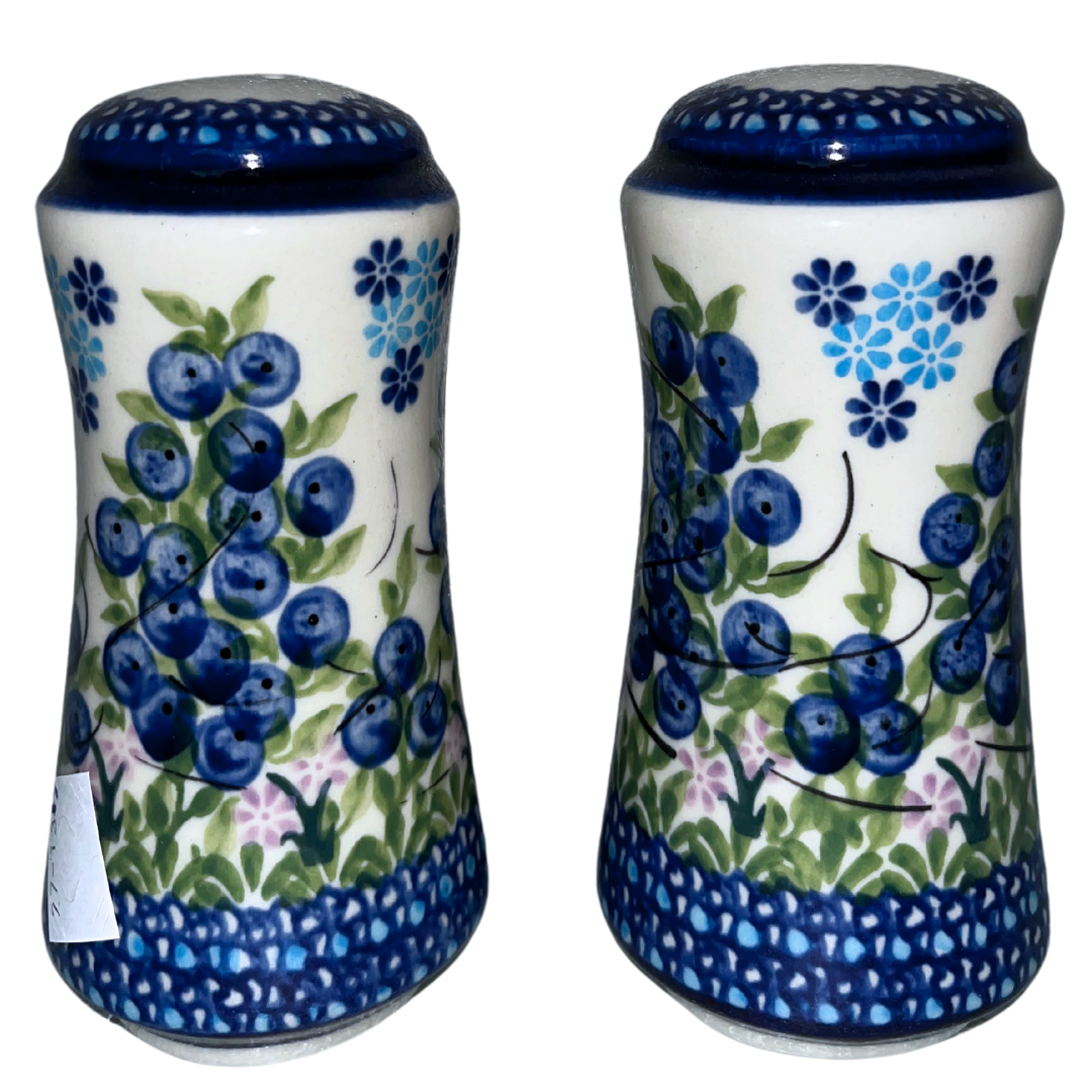 Kalich Polish Pottery Salt and Pepper 288 Blueberries, hand-painted berry and floral design with cobalt accents, Bolesławiec stoneware, durable, dishwasher and microwave safe, nature-inspired pattern.