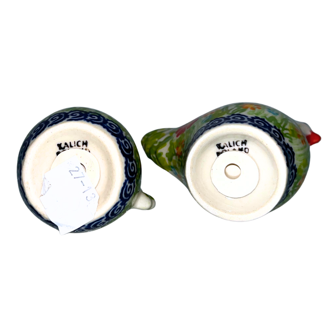 Hand-painted rooster and chicken salt & pepper set in floral design. Polish pottery stoneware, decorative and functional kitchen accent, farmhouse style.
