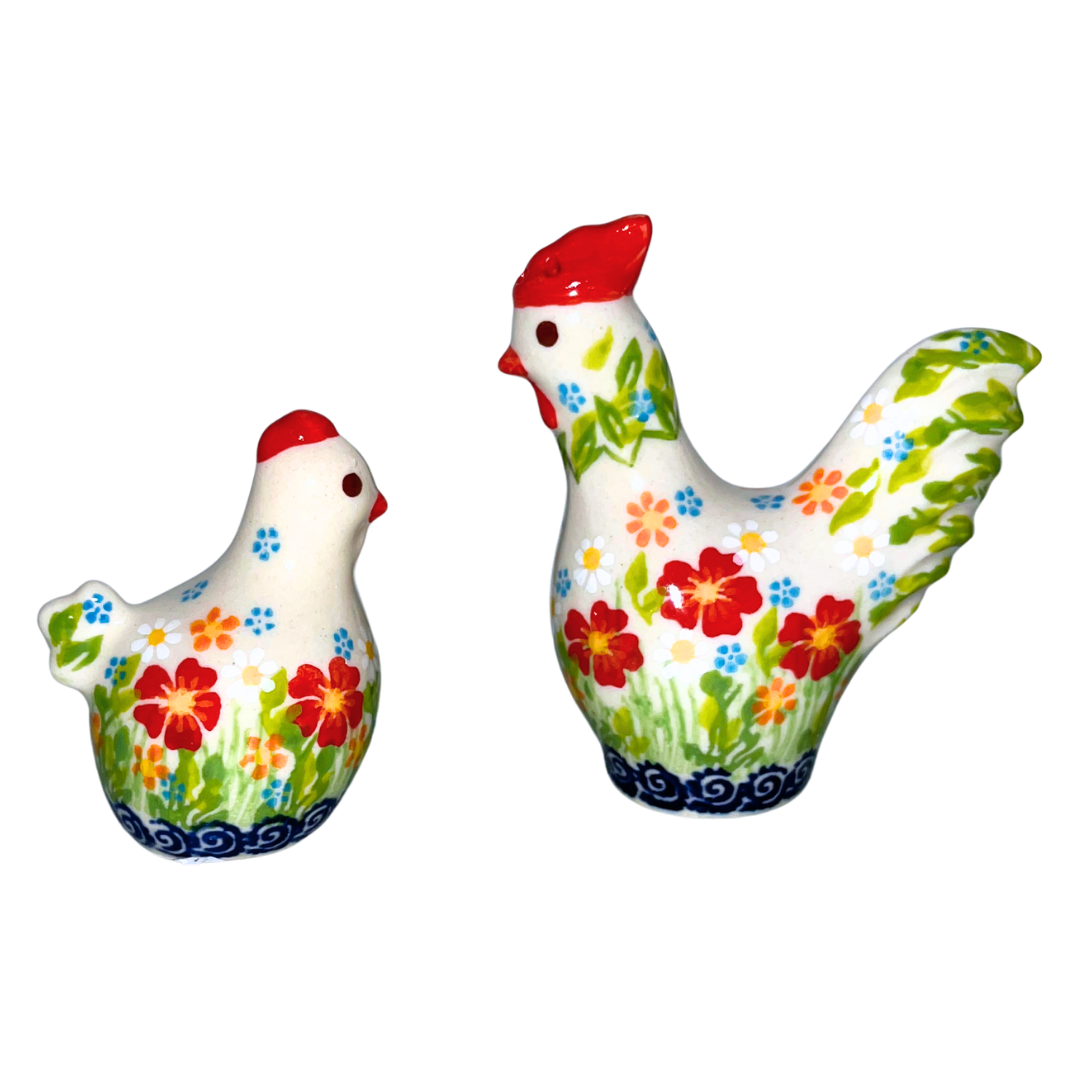 Hand-painted rooster and chicken salt & pepper set in floral design. Polish pottery stoneware, decorative and functional kitchen accent, farmhouse style.