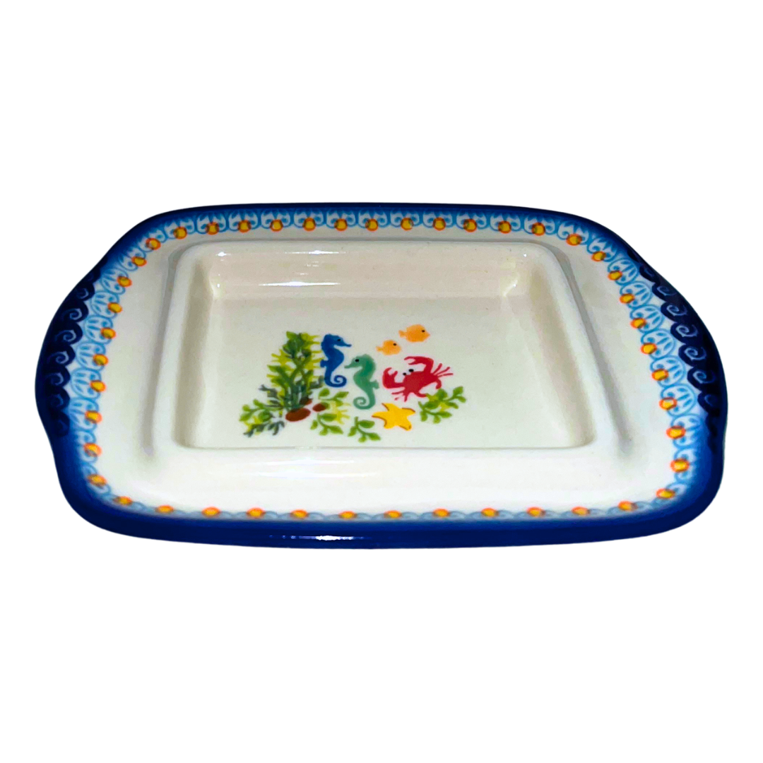 Handmade Ceramika Kalich Polish pottery in Pattern 884 Sealife with Red Crabs. Colorful coastal design featuring seahorses, starfish, and crabs. Microwave and dishwasher safe stoneware.