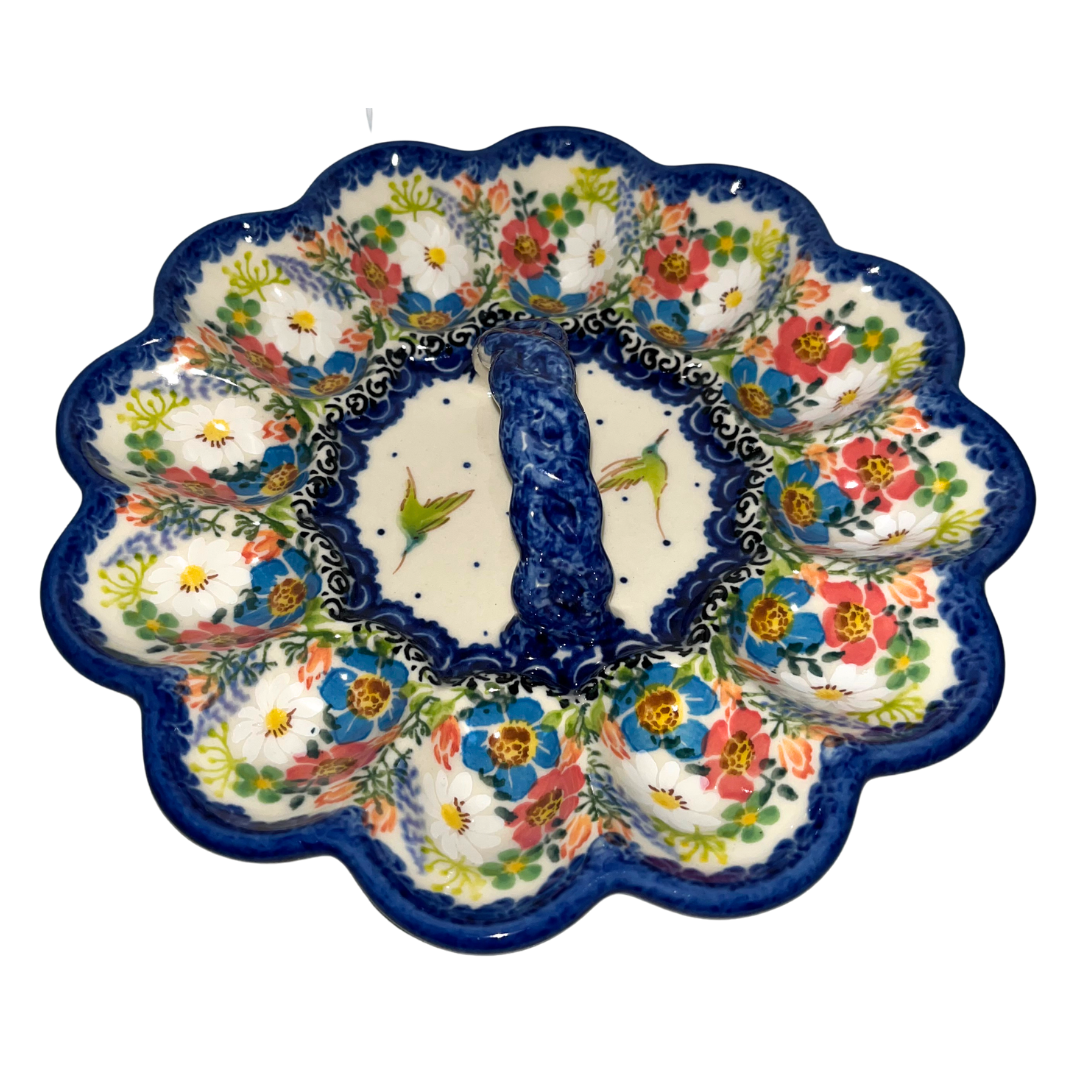 KALICH POLISH POTTERY 9 inch Egg Plate with Handle. Florals & Hummingbird.