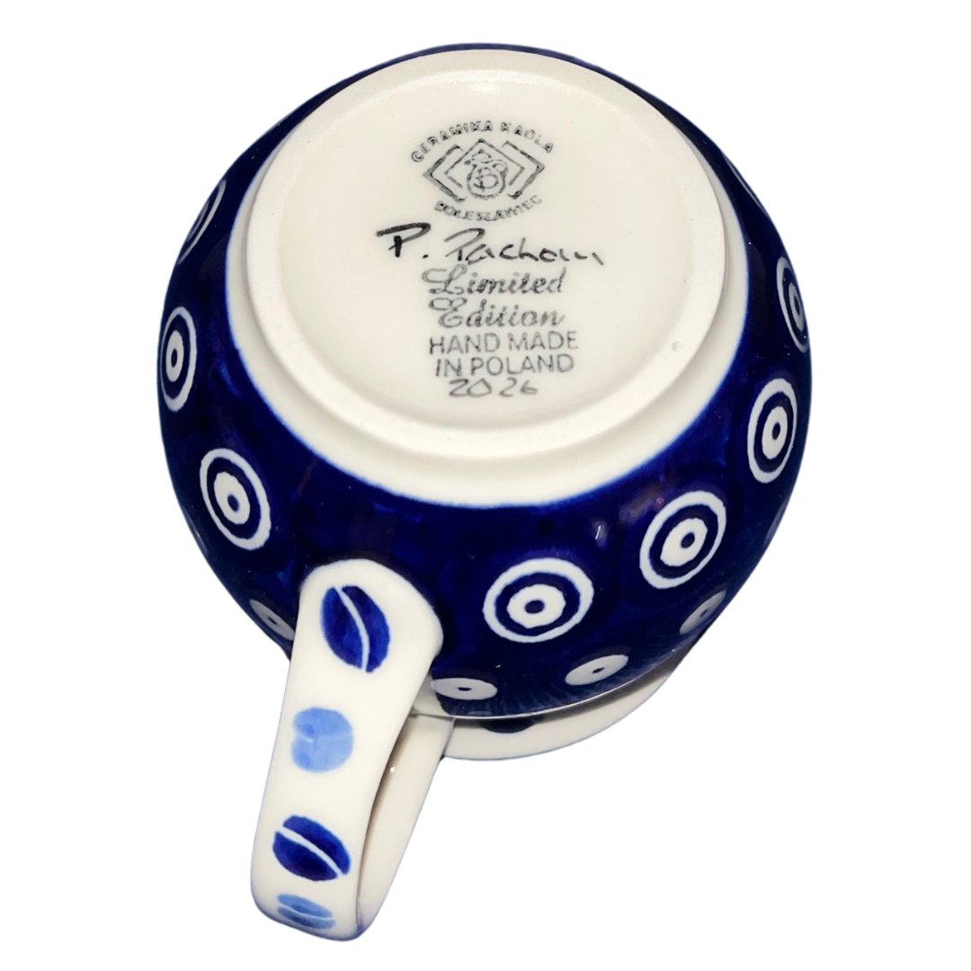 Handmade Kaola Polish Pottery in the Blue Coffee Beans pattern. Authentic Bolesławiec stoneware featuring hand-painted cobalt blue coffee bean motifs.