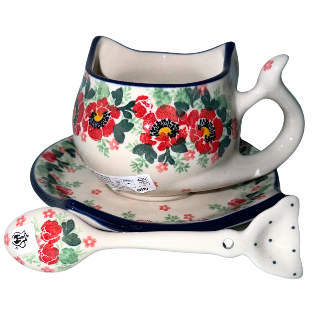 Back view of Ceramika Artystyczna 3234X Red Hot Poppy kitty cup, saucer and spoon featuring hand-painted red poppies and green foliage.