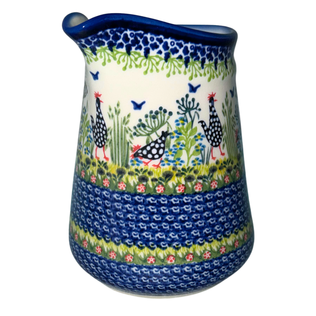 Ceramika Kalich Pattern 950 Polka Chicken Polish pottery with hand-painted hens and floral garden design. Authentic