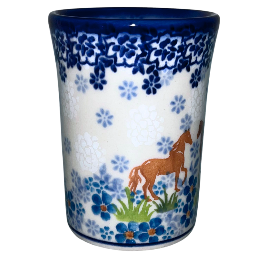 Ceramika Kalich Pattern 1311 features two horses among vibrant blue blossoms with a classic cobalt border. Hand-painted Polish pottery from Bolesławiec, Poland.