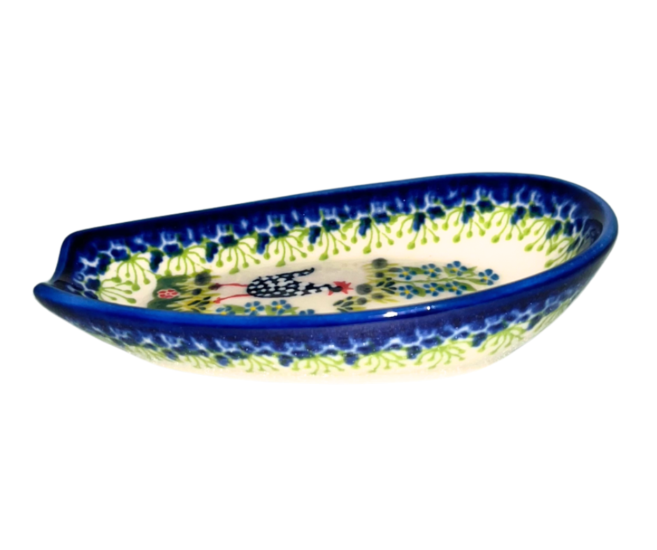 Kalich Pattern 950 5 inch spoon rest hand-painted hens and floral details. Authentic Polish stoneware, durable, oven, microwave & dishwasher safe.