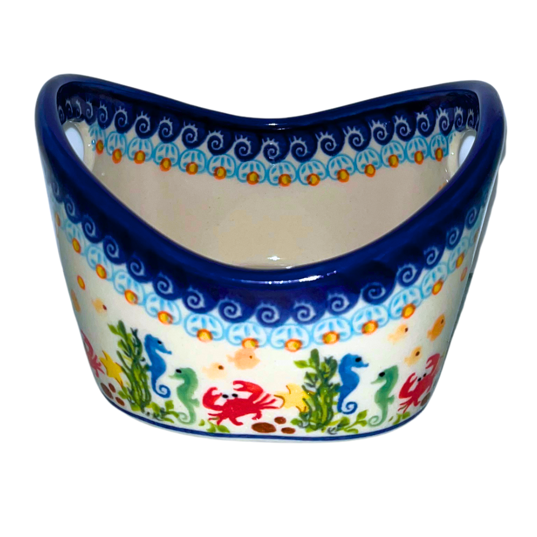 Handmade Ceramika Kalich Polish pottery in Pattern 884 Sealife with Red Crabs. Colorful coastal design featuring seahorses, starfish, and crabs. Microwave and dishwasher safe stoneware.