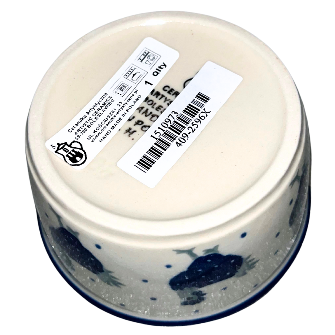 Handmade Polish pottery in Blue Hen pattern 2596X featuring charming cobalt hens and classic dot detailing. Durable, oven-safe stoneware from Bolesławiec.