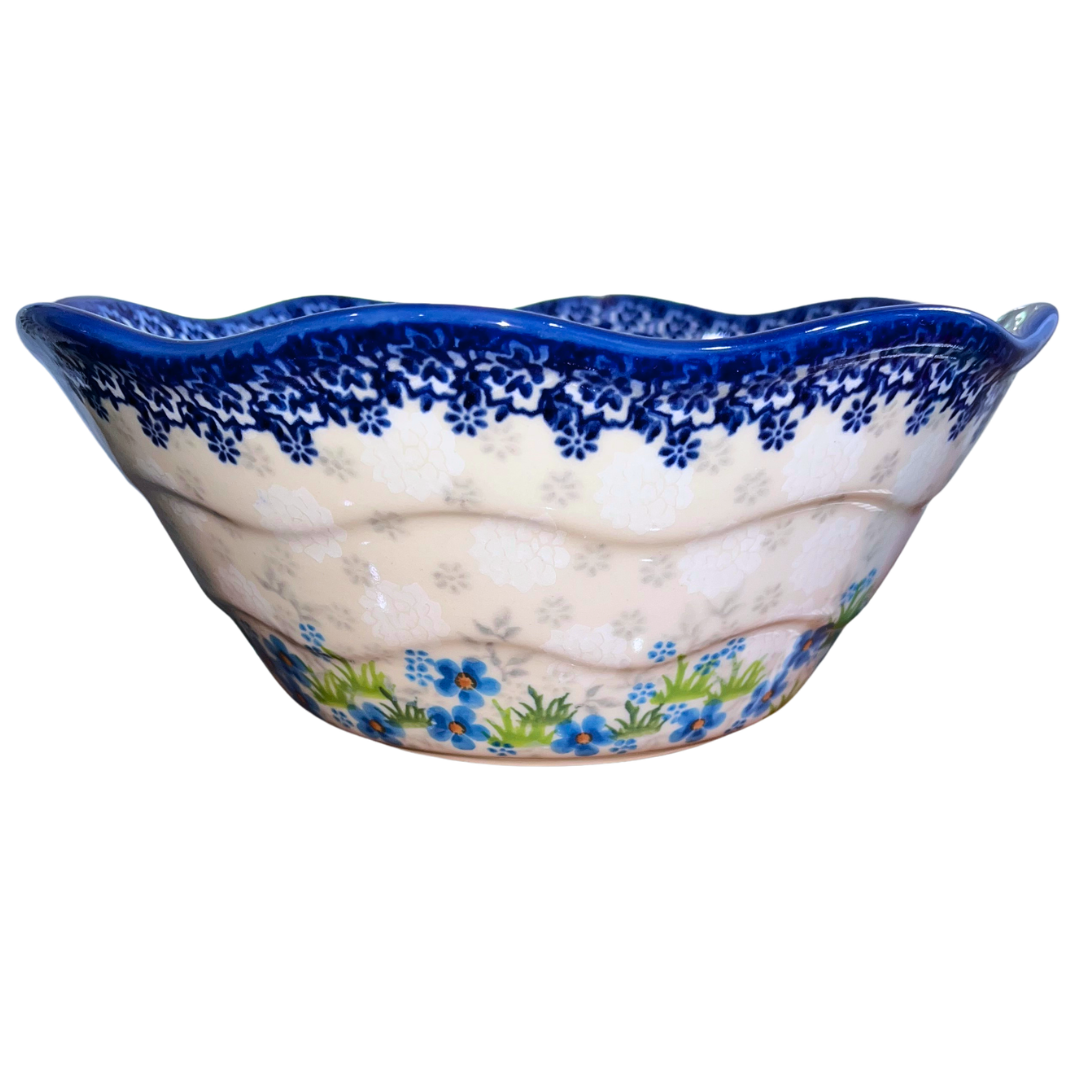 Ceramika Kalich Pattern 1311 features two horses among vibrant blue blossoms with a classic cobalt border. Hand-painted Polish pottery from Bolesławiec, Poland.