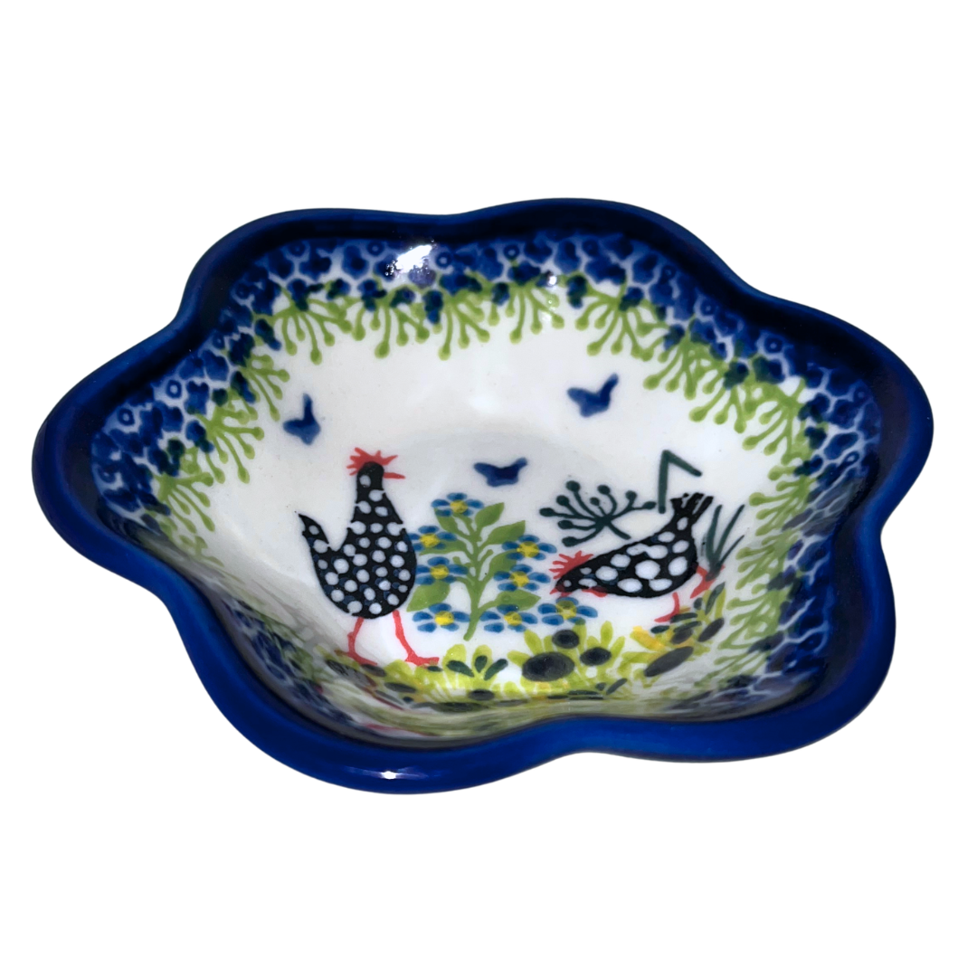 Ceramika Kalich Pattern 950 Polka Chicken Polish pottery with hand-painted hens and floral garden design. Authentic Bolesławiec stoneware, durable, dishwasher, microwave, and oven safe.