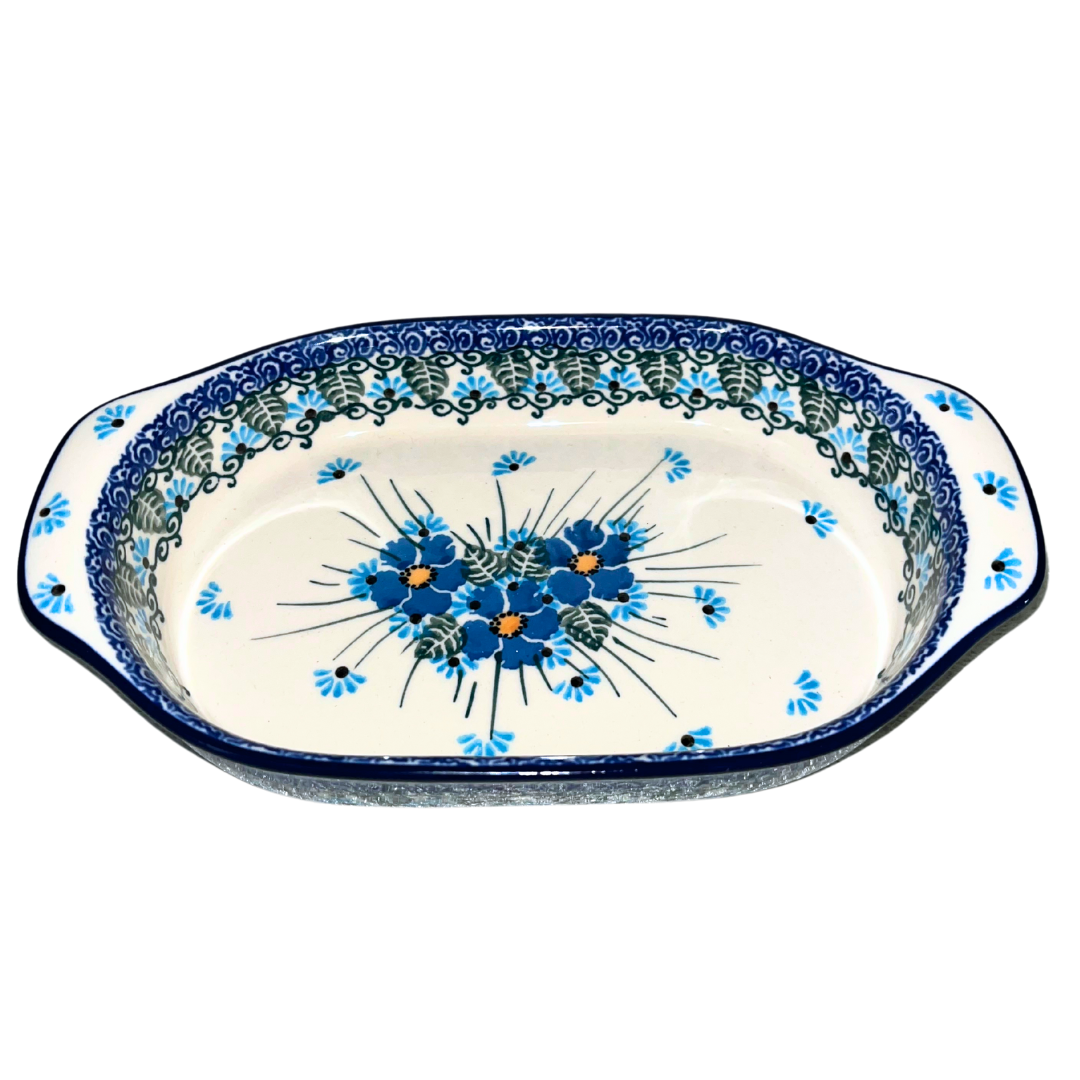 Ceramika Artystyczna pattern U4992 Polish pottery. Hand-painted blue Forget Me Not floral design on durable stoneware. Elegant, dishwasher safe, and perfect for everyday use or display.