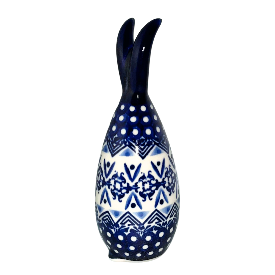 5.75" Polish pottery bunny by Kaola, hand-painted in cobalt patterns, signed PP 2024. Glossy, durable, collectible ceramic figurine.