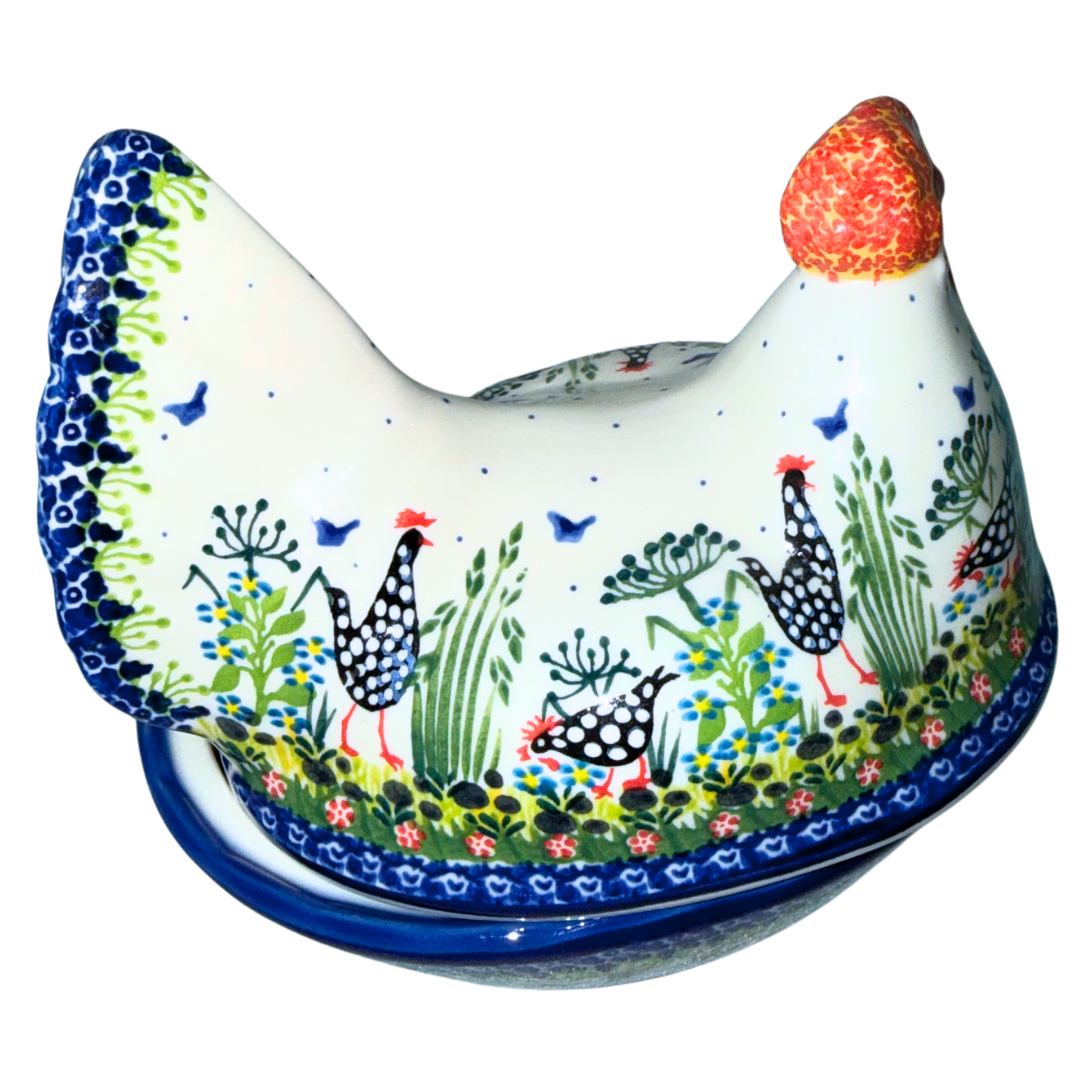 Ceramika Kalich Pattern 950 Polka Chicken Polish pottery with hand-painted hens and floral garden design. Authentic