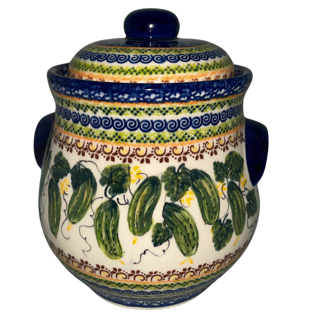 Kalich Polish Pottery 101 oz Pickle Jar – hand-painted cucumbers. Food-safe stoneware from Bolesławiec, perfect for pickling, storage, and home décor. Dishwasher safe.