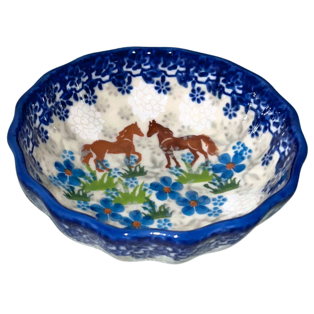 Ceramika Kalich Pattern 1311 features two horses among vibrant blue blossoms with a classic cobalt border. Hand-painted Polish pottery from Bolesławiec, Poland.