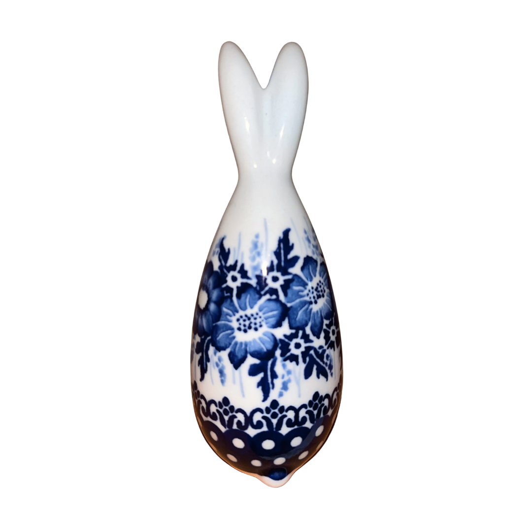 5.75" Polish pottery bunny by Kaola, hand-painted cobalt poppies, signed Basia 2025 collectible ceramic figurine.
