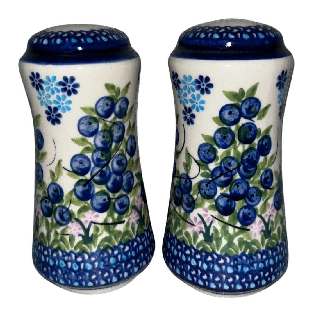 Kalich Polish Pottery Salt and Pepper 288 Blueberries, hand-painted berry and floral design with cobalt accents, Bolesławiec stoneware, durable, dishwasher and microwave safe, nature-inspired pattern.