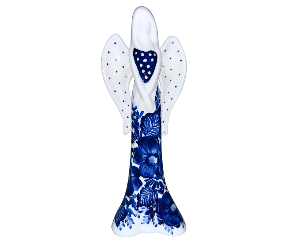 9.75" hand-painted Kaola angel in cobalt poppies, signed and dated 2025 by Aga K. Handmade in Bolesławiec, Poland.