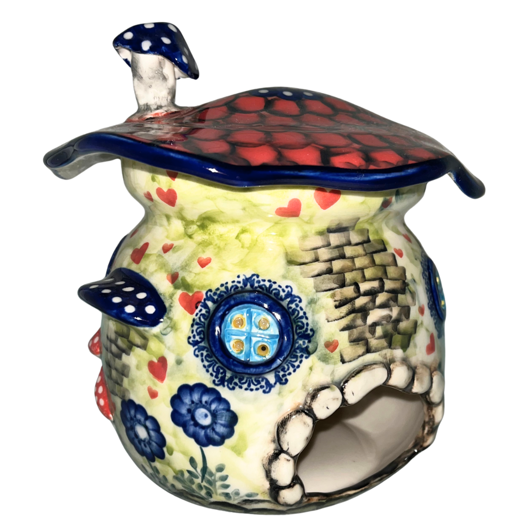 Limited Edition 2026 Kaola Studio tea light house, hand-painted and signed by Aga K. A whimsical Polish pottery collectible that glows beautifully with a tea light.