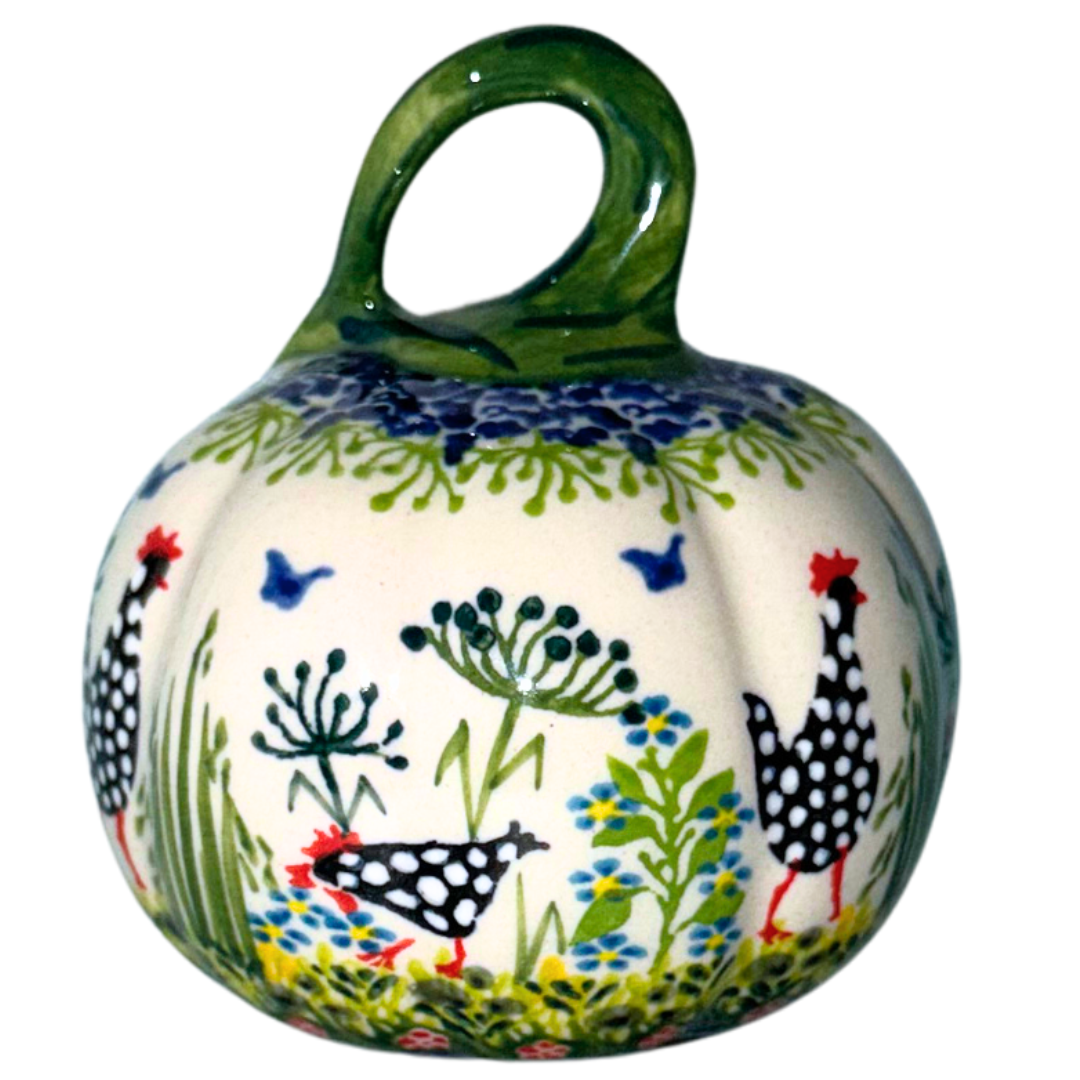 Ceramika Kalich Pattern 950 Polka Chicken Polish pottery with hand-painted hens and floral garden design.