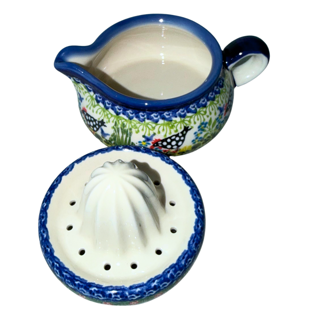 Ceramika Kalich Pattern 950 Polka Chicken Polish pottery with hand-painted hens and floral garden design. Authentic
