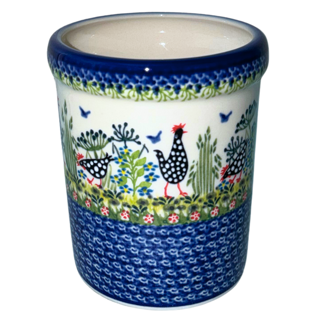 Ceramika Kalich Pattern 950 Polka Chicken Polish pottery with hand-painted hens and floral garden design.
