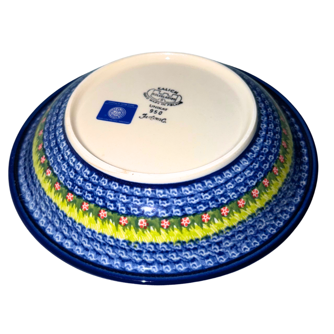 Ceramika Kalich Pattern 950 Polka Chicken Polish pottery with hand-painted hens and floral garden design.