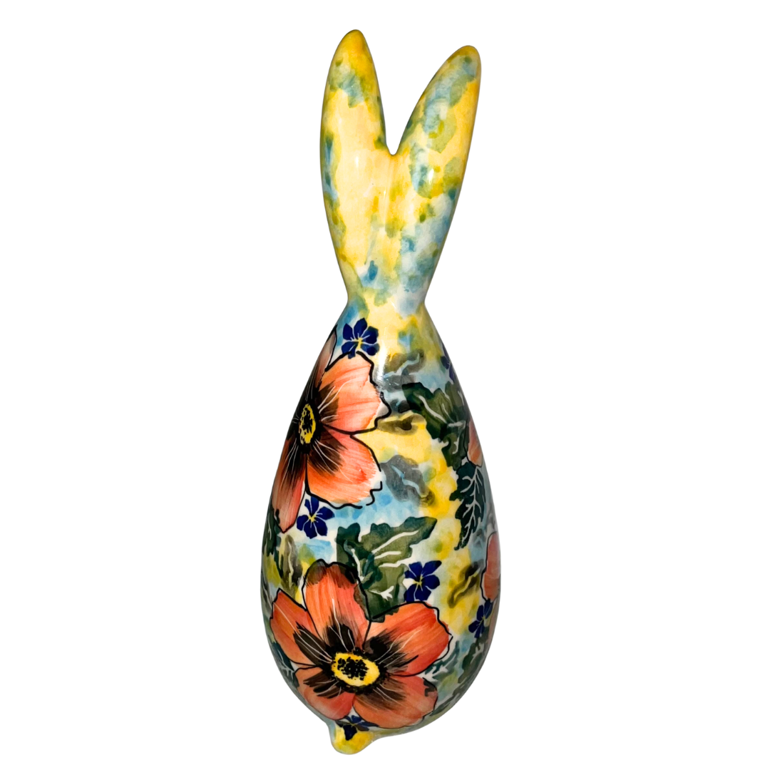 Handcrafted Kaola Studio 9" ceramic bunny, hand-painted floral design, limited edition, signed AK 2025. Unique collectible home décor piece.